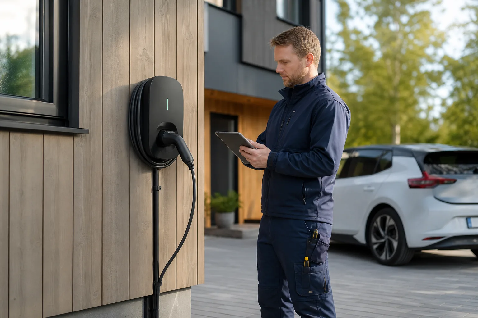 Färdig laddboxinstallation vid en svensk villa